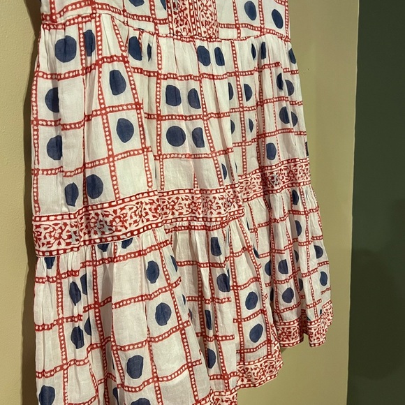 Oliphant Womens Domino Red Smocked Waist Ruffle Cotton Mini Dress Size Medium - Picture 2 of 10